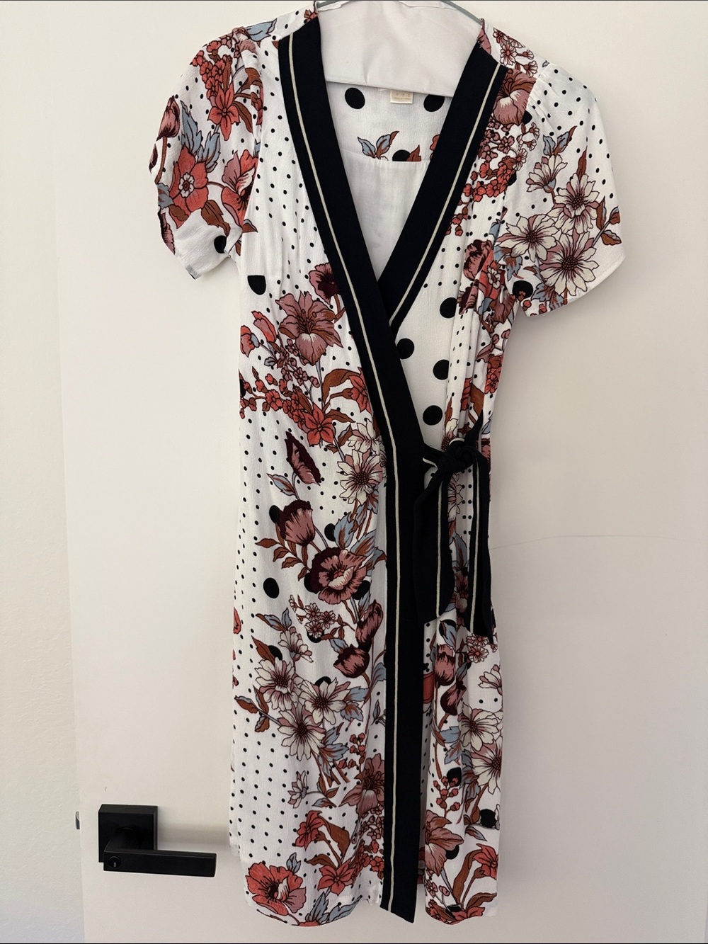 Maeve White Wrap Midi Dress with Rust Floral and Black Trim